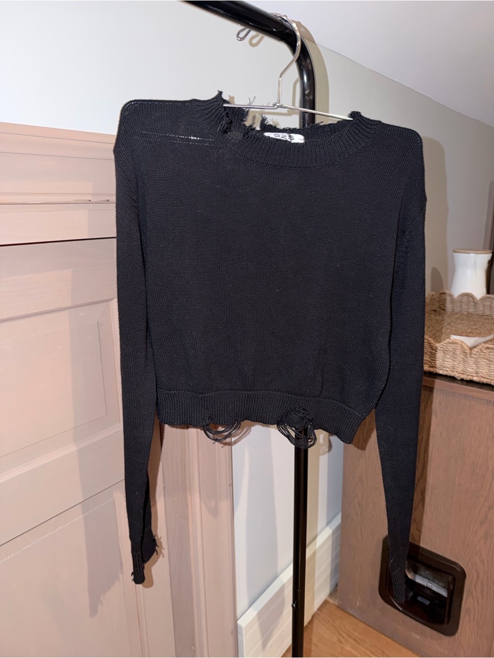 525 America Black Distressed Cropped Cotton Sweater S